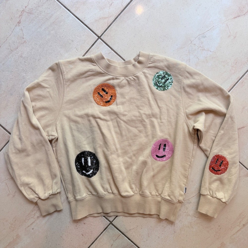 Molo Marge Girls 164 Sequin Smiley Face Sweatshirt Organic Cotton Beige 14Y